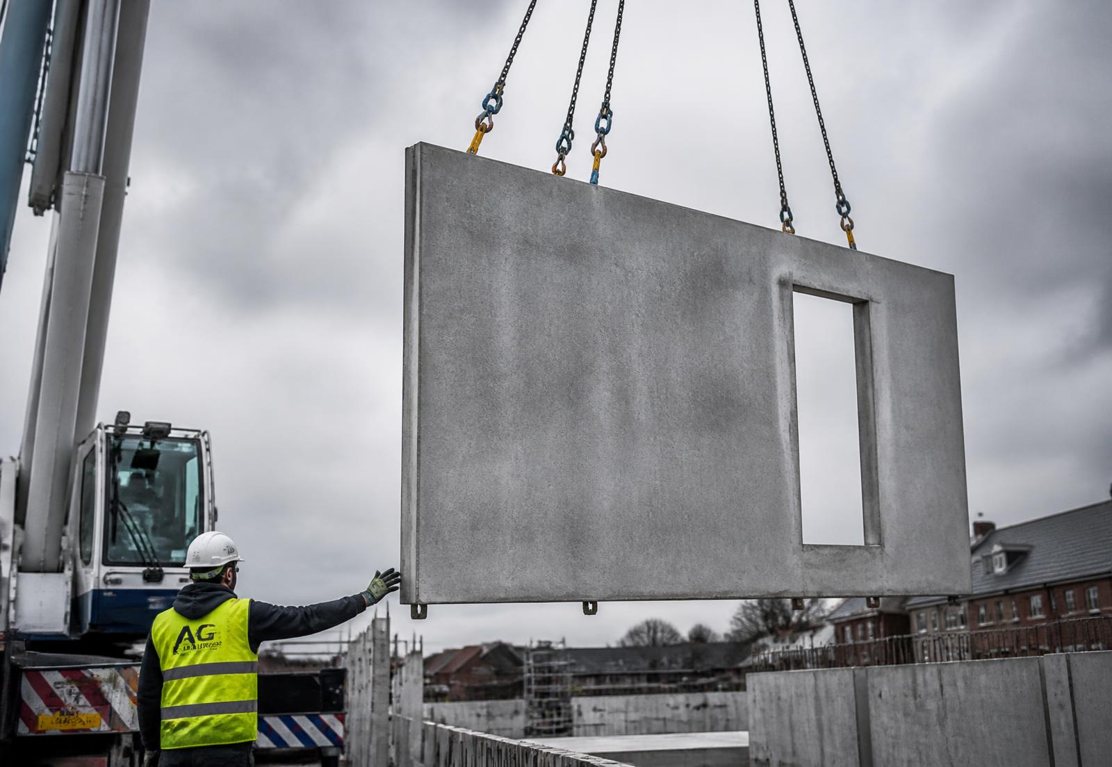 Crane lifting a precast concrete panel on a construction site