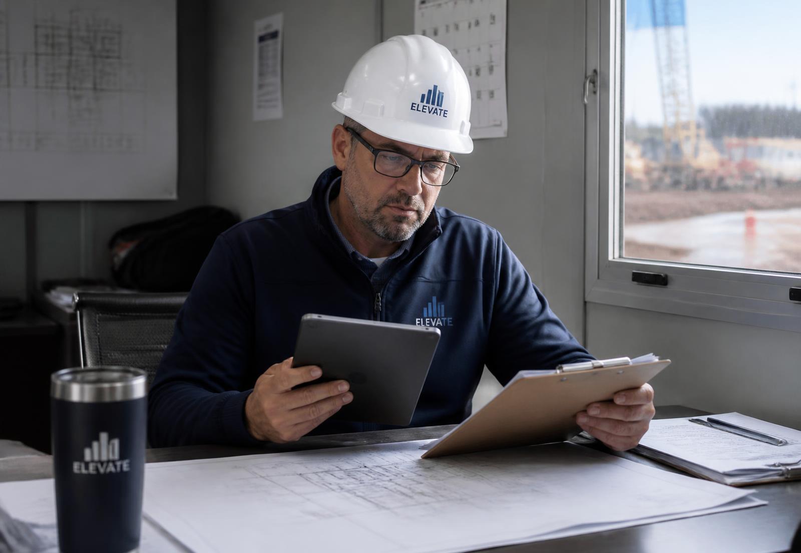 Site manager reviewing paperwork on a construction site